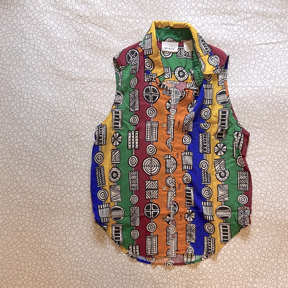 Luxury washable silk top, colorful vintage design.  Fun & cool for warm weather